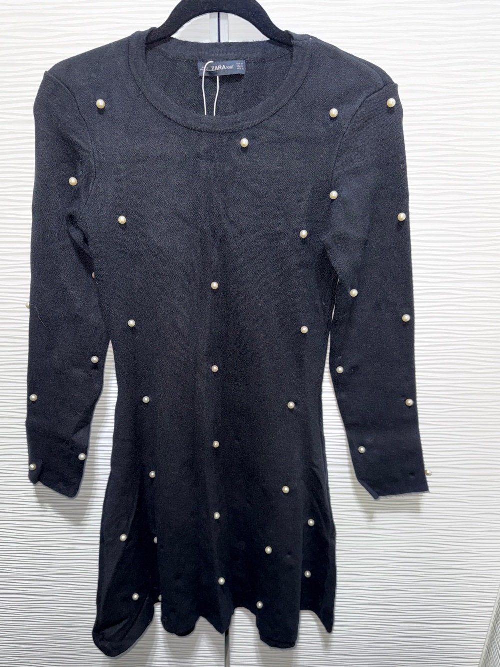 ZARA Black Long-Sleeve Pearl-Studded Knit Dress